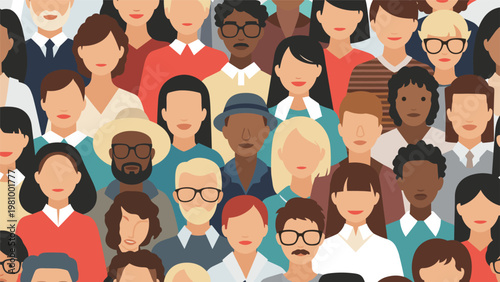Large crowd of diverse people faces representing unity and social diversity shown in a clean and modern flat art style.