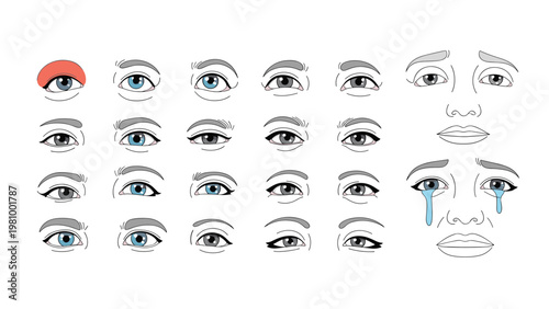 Artistic study of various human eyes and facial expressions featuring different eye shapes and a detailed crying face.