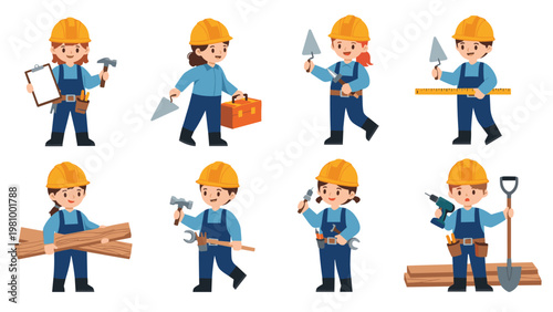 Adorable set of cute cartoon construction workers for children featuring kids in hard hats holding various building tools.