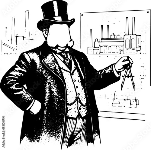 Black and White Vintage Vector Illustration of Industrialist in Top Hat Pointing at Factory Plans on Presentation Board