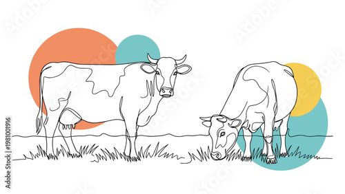 Minimalist continuous line drawing of two cows grazing in a green pasture with abstract and colorful background shapes.