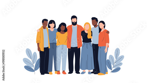 Diverse group of young friends standing together with their arms around each other as a powerful symbol of social unity.