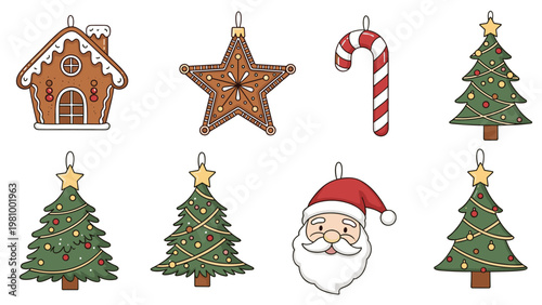 Charming set of traditional Christmas tree ornaments including a Santa Claus head stars candy canes and festive trees.