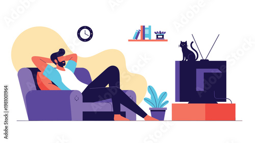 Bearded man relaxing at home in a purple armchair while watching television with his pet cat sitting on top of the screen.