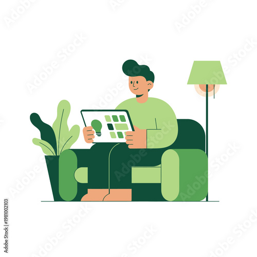 Person relaxing on sofa using tablet device.