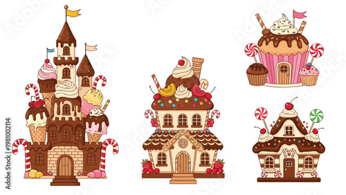 Fantasy candy houses and magical castles made from ice cream cupcakes and colorful sweets in whimsical cartoon style.