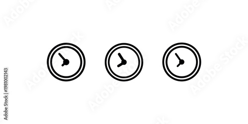 Three circular clock faces with hands, indicating different times, clean line art symbols for time and schedule
