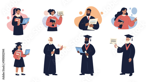 Diverse group of university graduates in academic gowns and caps celebrating with diplomas and laptops for success.