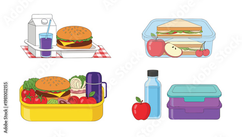 Healthy lunch box collection featuring sandwiches burgers fresh fruit and drinks for balanced nutrition in vector style.