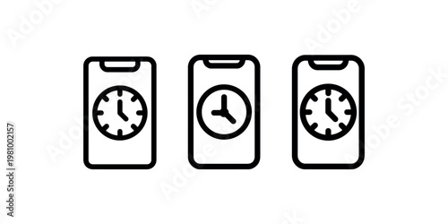 Three smartphone screens displaying clock interfaces, symbolizing mobile timekeeping and apps, line art icons