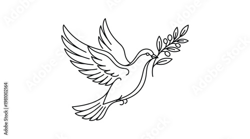 Flying Peace Dove Carrying an Olive Branch in its Beak Symbolizing Hope and New Beginnings on Isolated White Background