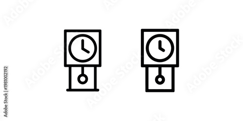 Retro pendulum clock icon set in flat linear style representing antique wall timepiece with swinging weight for home decor time measurement and nostalgia