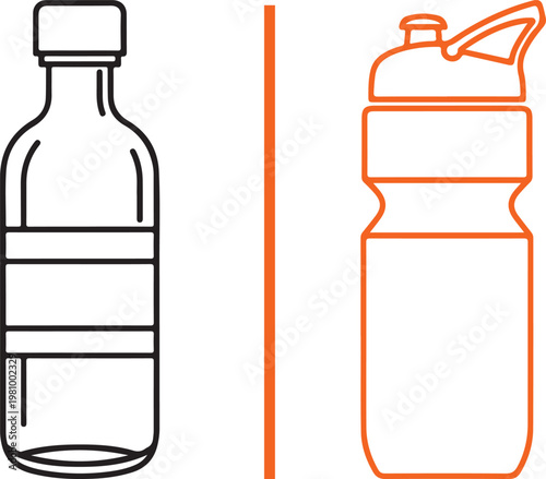 Minimalist vector illustration of a plastic water bottle and a reusable sports bottle for hydration and fitness concepts
