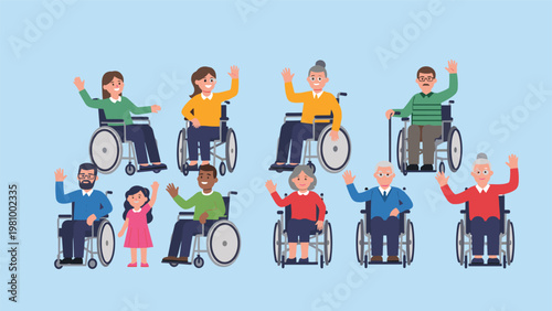 Diverse group of happy people in wheelchairs waving and smiling against a light blue background for inclusivity.