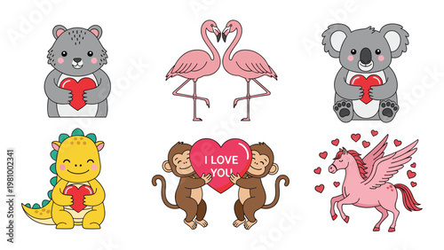 Cute cartoon animals like koalas flamingos and dinosaurs holding hearts for Valentine Day or romantic love themes.
