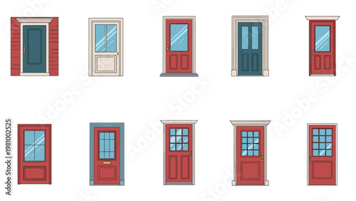 Various residential front door designs in different colors and architectural styles on a plain white background.