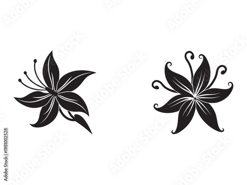 Two black flower silhouettes with white lines on petals and leaves  isolated on white background