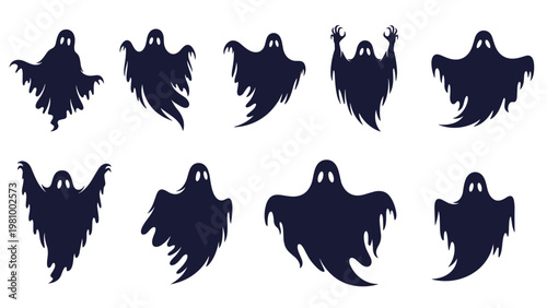 Collection of spooky black ghost silhouettes in different floating poses for Halloween decoration and horror themes.