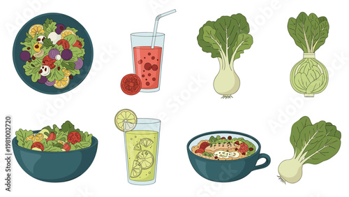 Selection of healthy vegetarian food and drinks including fresh salads vegetable juices nutritious soup and greens.