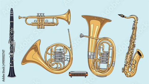 Collection of various brass and woodwind musical instruments like trumpet saxophone and clarinet on blue background.