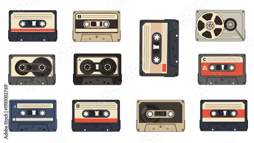 Retro audio cassette tapes and a reel to reel tape in different colors and designs for nostalgic 1980s music themes.