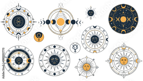 Large set of mystical and astrological symbols including moon phases sun faces and celestial charts for design.