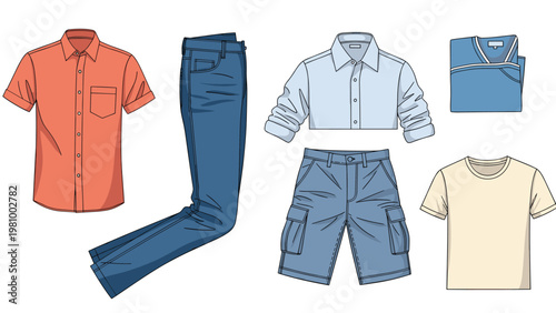 Basic men's clothing collection featuring shirts jeans shorts and a t-shirt in simple flat vector illustration.