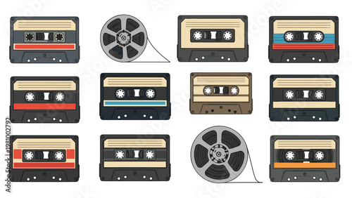 Vintage audio cassette tapes and reel tapes arranged in a grid pattern for retro music and nostalgia designs.