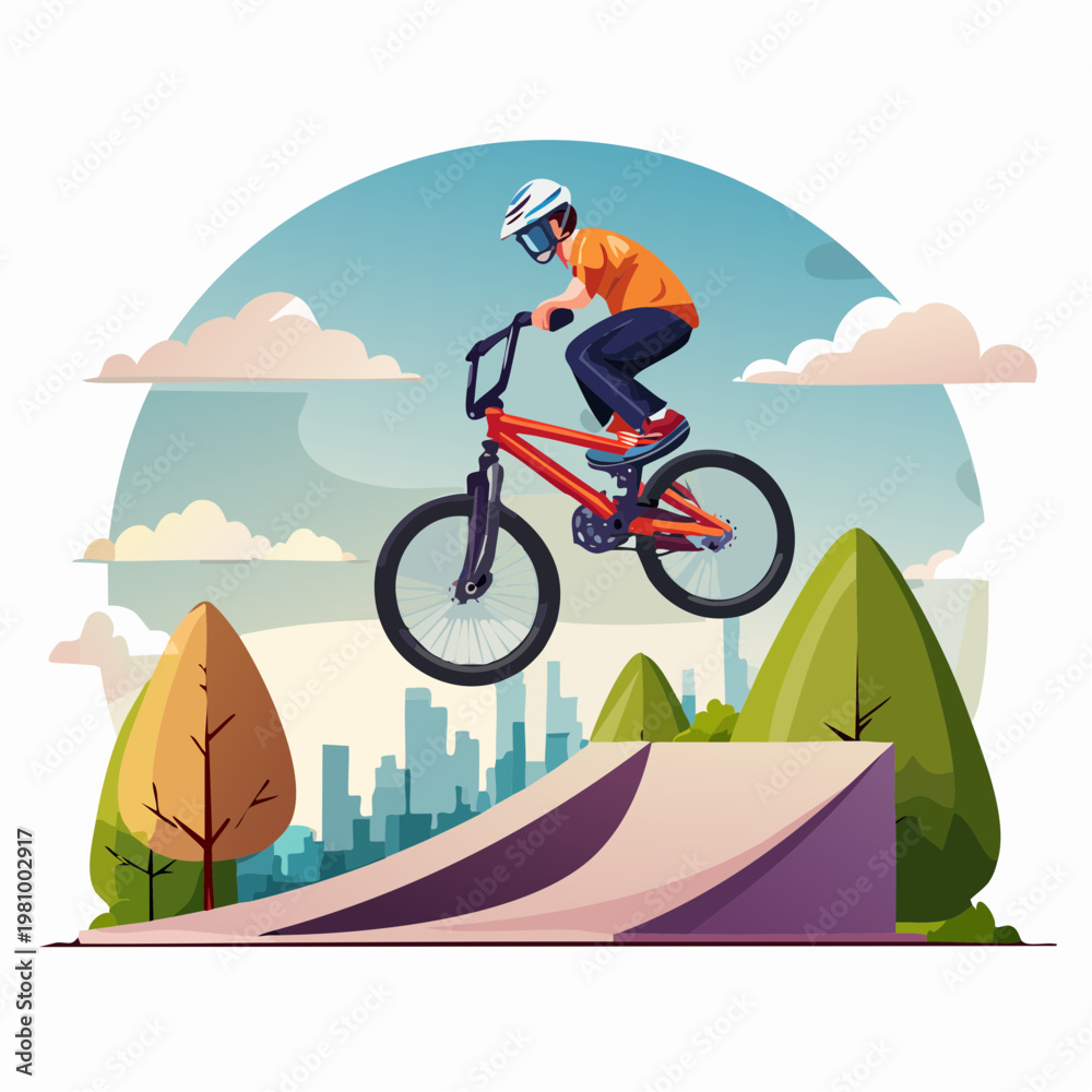 Fototapeta premium BMX rider airborne above a ramp against a city skyline, embodying extreme urban sport and youthful energy