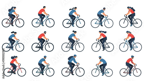 Diverse group of people riding bicycles in different styles and outfits representing active lifestyle and healthy outdoor commuting.