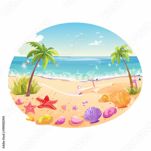 Seaside Paradise Tropical Beach with Palm Trees, Starfish, and Seashells Under a Sunny Sky