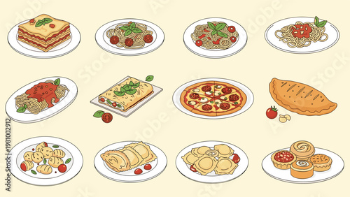 Assorted traditional Italian cuisine dishes including lasagna spaghetti pizza and ravioli served on white plates for menu illustration.