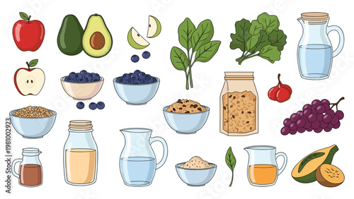 Collection of healthy organic superfoods like avocado berries spinach and grains for promoting a balanced and nutritious daily diet.