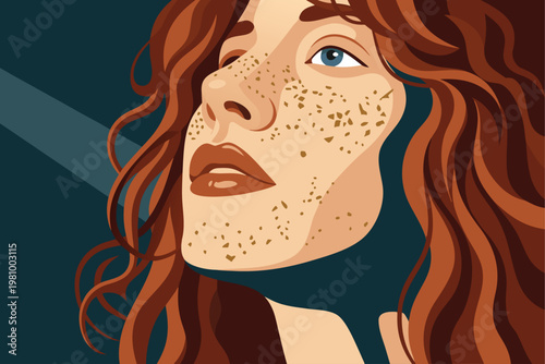 Portrait of a Young Woman with Prominent Freckles and Red Curly Hair Vector Illustration for Skin Positivity, Natural Beauty Branding, and Skincare Marketing Campaigns
