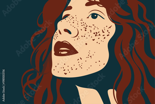 Portrait of a Young Woman with Prominent Freckles and Red Curly Hair Vector Illustration for Skin Positivity, Natural Beauty Branding, and Skincare Marketing Campaigns
