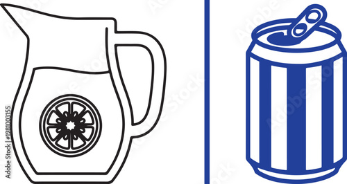 Vector illustration of a fresh lemonade pitcher and a striped soda can for beverage comparison