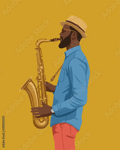 African American Jazz Musician Playing Saxophone Vector Illustration for Music Festival Posters, Club Promotion, Soulful Live Performance, and Cultural Entertainment Branding
