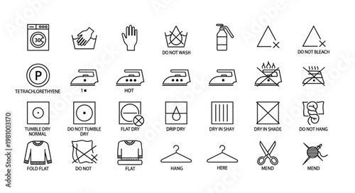 Collection of laundry care symbols and washing instructions icons.