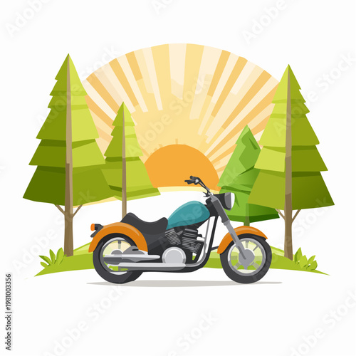 Classic Motorcycle and Sunlit Forest Landscape Adventure