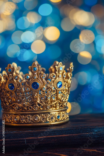 Golden crowns sitting atop a wooden surface, perfect for decorative or ceremonial uses. vertical frame