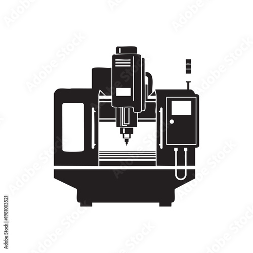 CNC machine, computer numerical control machining center, industrial equipment, 3D manufacturing technology, black silhouette on white.