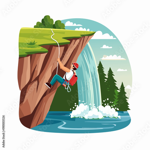 Man Rappelling Down a Waterfall Cliff Edge in a Lush Green Environment
