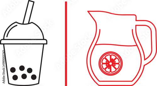 Boba tea cup and lemonade pitcher icons in minimalist line art vector illustration for beverage menu design