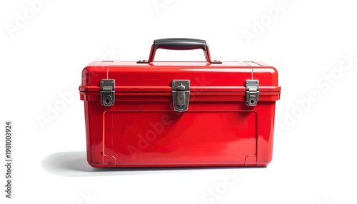 A red, rectangular toolbox with a black handle sits on a white surface, showcasing its side profile