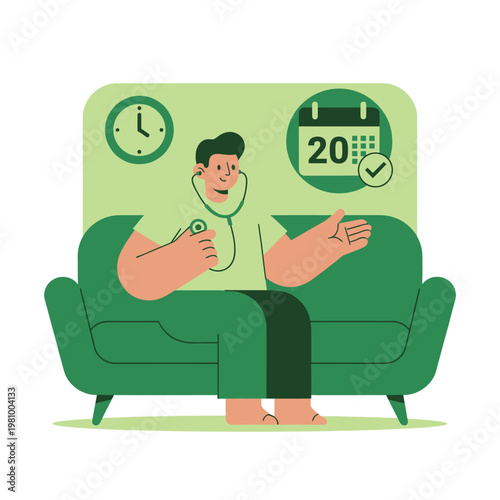 Man Sitting on Green Couch with Relaxed Gestures.
