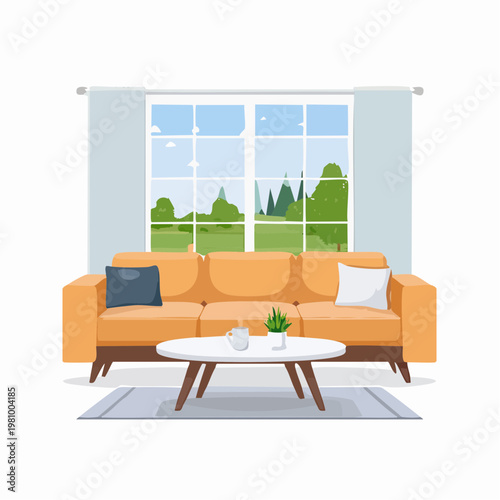 Inviting modern living room interior design with comfortable sofa, elegant coffee table, and picturesque window view of nature