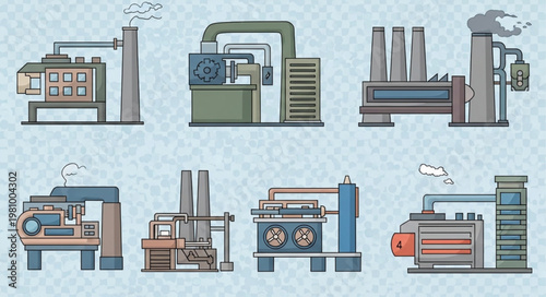 Set of industrial factory machines and equipment illustrations.