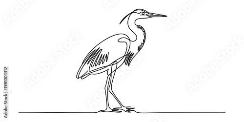 Minimalist continuous line drawing of a majestic heron standing on a simple horizontal line