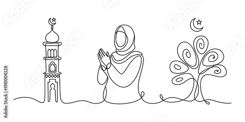 Continuous line art of a muslim woman in hijab praying near a mosque and a tree