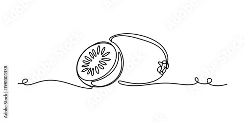 Continuous line drawing of a kiwi fruit with a whole piece and a sliced half showing seeds